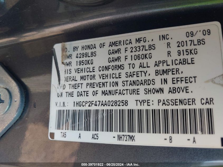 2010 Honda Accord Lxp VIN: 01HGCP2F47AA02858 Lot: 39701922