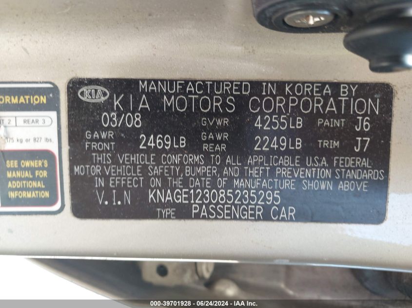 2008 Kia Optima Lx VIN: KNAGE123085235295 Lot: 39701928