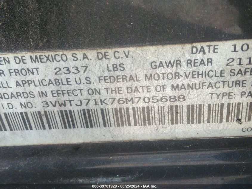 2006 Volkswagen Jetta Gli VIN: 3VWTJ71K76M705688 Lot: 39701929