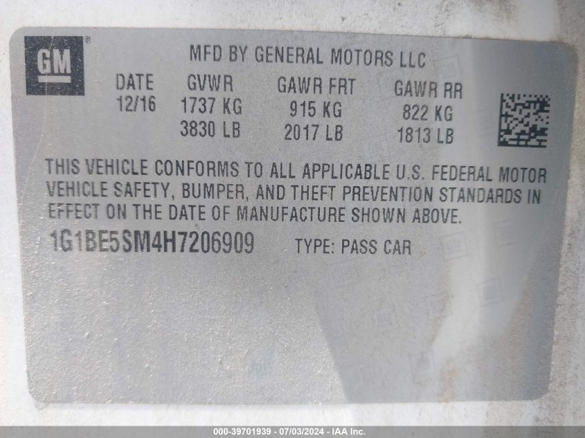 2017 Chevrolet Cruze Lt Auto VIN: 1G1BE5SM4H7206909 Lot: 39701939
