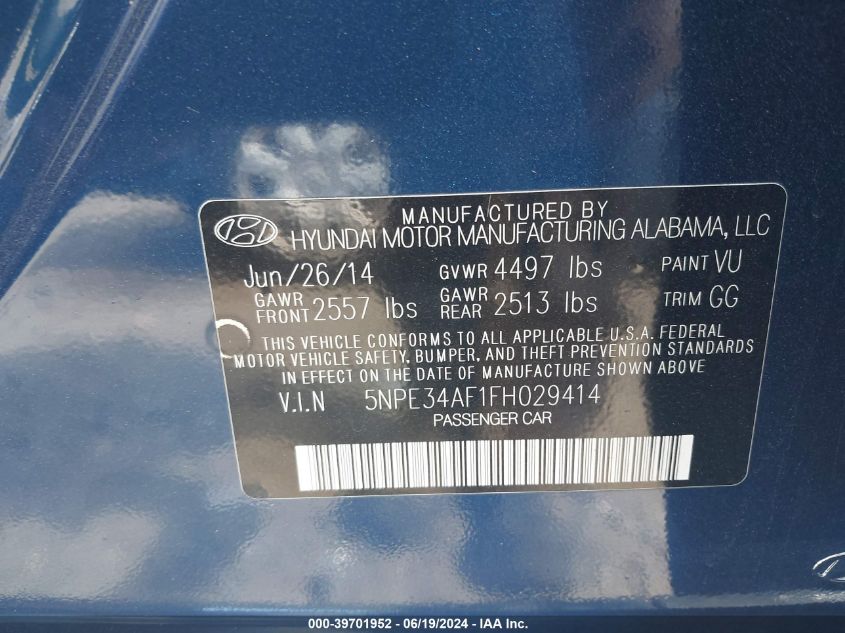 2015 Hyundai Sonata Limited VIN: 5NPE34AF1FH029414 Lot: 39701952