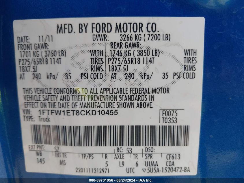 2012 Ford F-150 Xlt VIN: 1FTFW1ET8CKD10455 Lot: 39701956