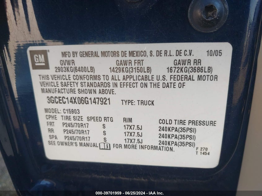 2006 Chevrolet Silverado 1500 Work Truck VIN: 3GCEC14X06G147921 Lot: 39701959