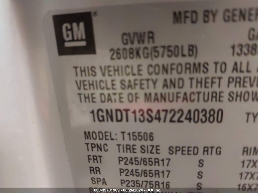 2007 Chevrolet Trailblazer Lt VIN: 1GNDT13S472240380 Lot: 39701969