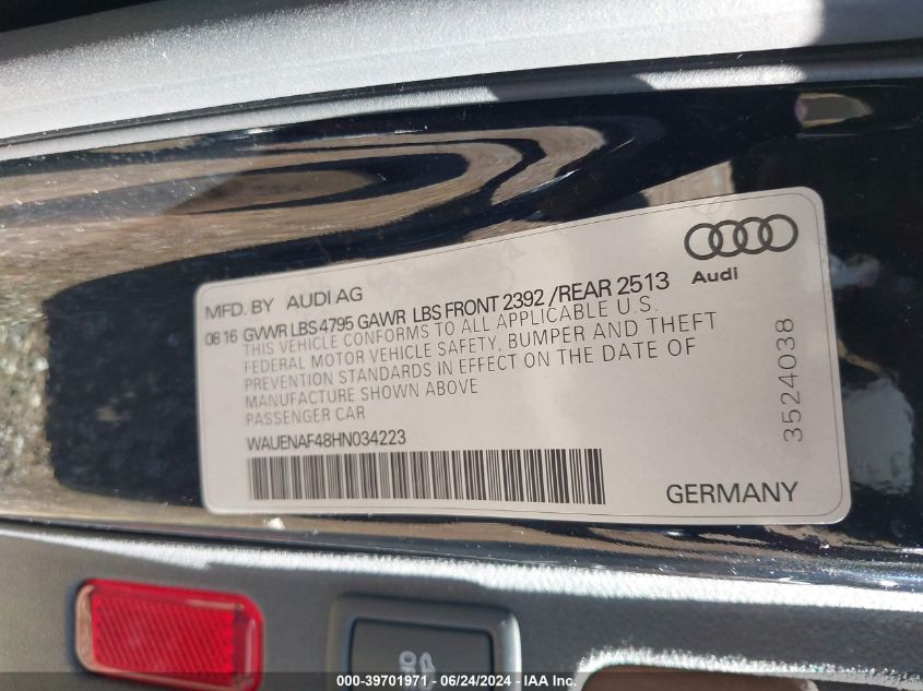 2017 Audi A4 2.0T Premium VIN: WAUENAF48HN034223 Lot: 39701971