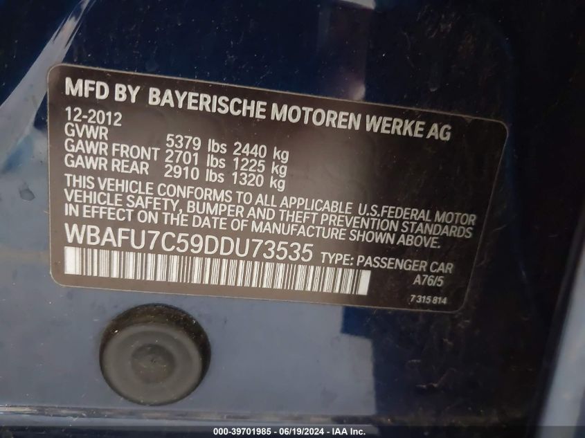 2013 BMW 535I xDrive VIN: WBAFU7C59DDU73535 Lot: 39701985
