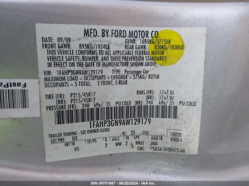 2010 Ford Focus Ses VIN: 1FAHP3GN9AW129179 Lot: 39701987