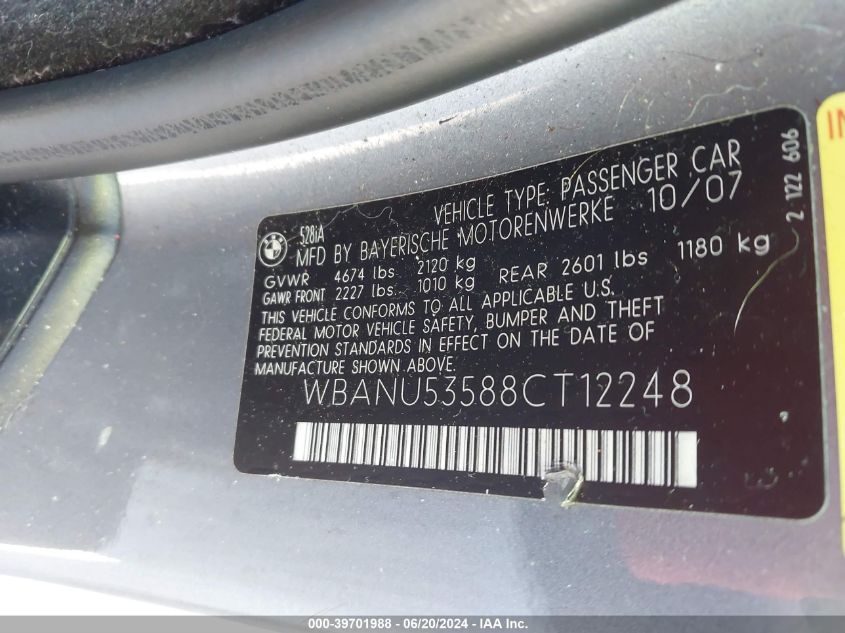 2008 BMW 528I I VIN: WBANU53588CT12248 Lot: 39701988
