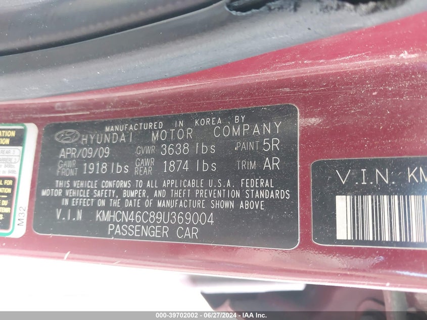 2009 Hyundai Accent Gls VIN: KMHCN46C89U369004 Lot: 39702002