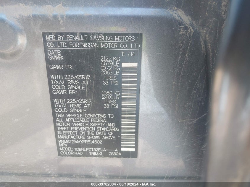 2015 Nissan Rogue S VIN: KNMAT2MVXFP514502 Lot: 39702004