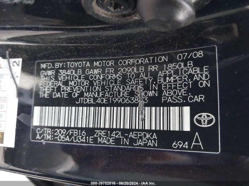 2009 Toyota Corolla Le VIN: JTDBL40E199063863 Lot: 39702016