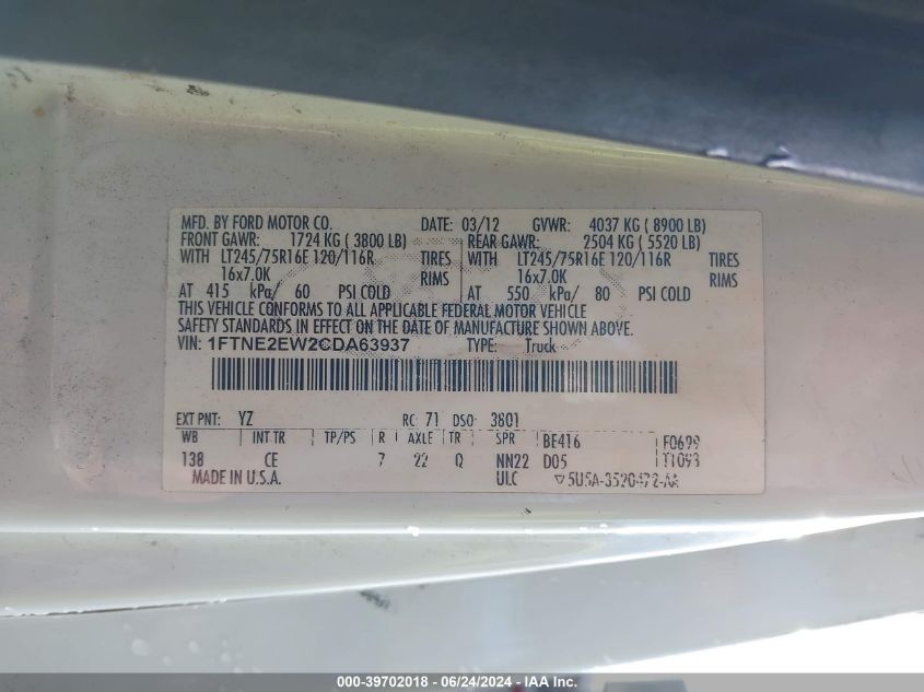 2012 Ford E-250 Commercial VIN: 1FTNE2EW2CDA63937 Lot: 39702018