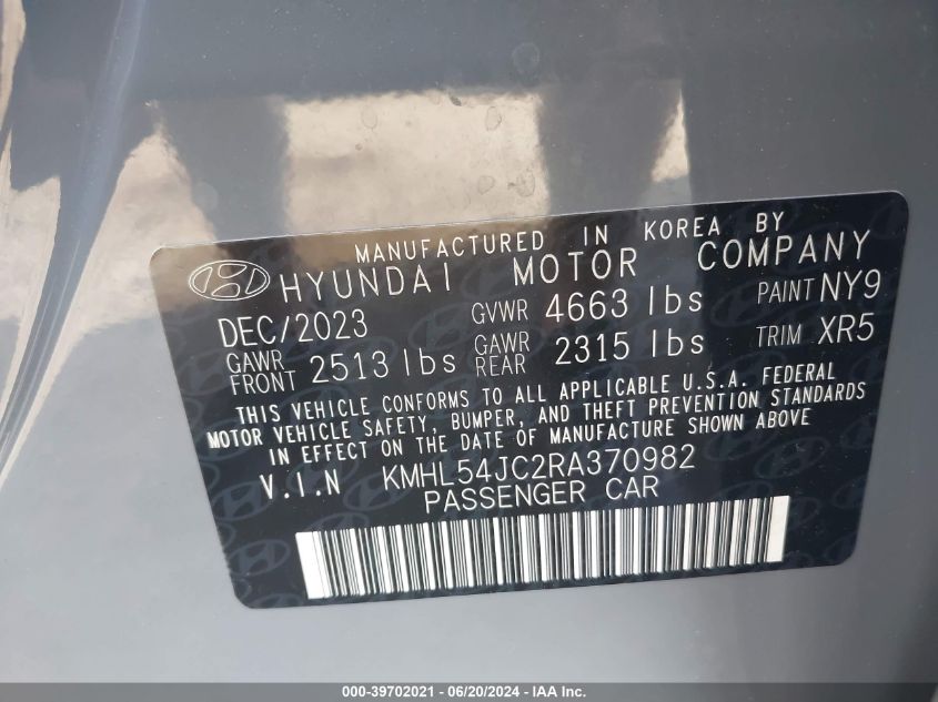 2024 Hyundai Sonata N Line VIN: KMHL54JC2RA370982 Lot: 39702021