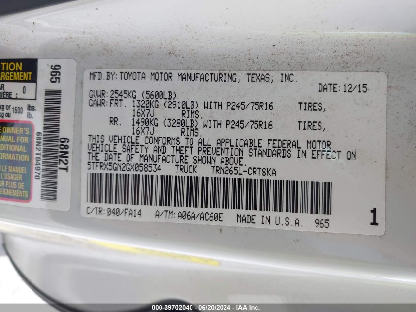 2016 Toyota Tacoma Access Cab/Sr/Sr5 VIN: 5TFRX5GN2GX058534 Lot: 39702040