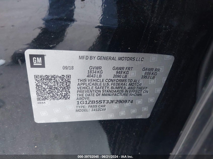 2018 Chevrolet Malibu 1Ls VIN: 1G1ZB5ST3JF290974 Lot: 39702045