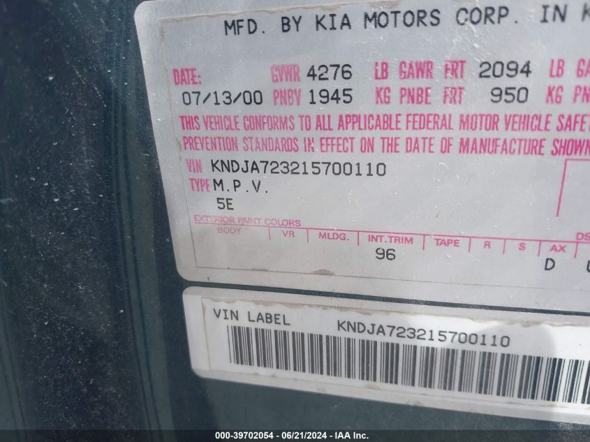 2001 Kia Sportage VIN: KNDJA723215700110 Lot: 39702054