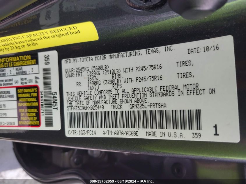 2017 Toyota Tacoma Sr5 V6 VIN: 5TFAZ5CN6HX025440 Lot: 39702059