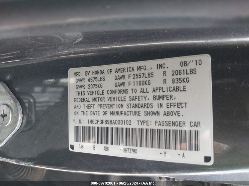 2011 Honda Accord 3.5 Ex-L VIN: 1HGCP3F89BA000102 Lot: 39702061