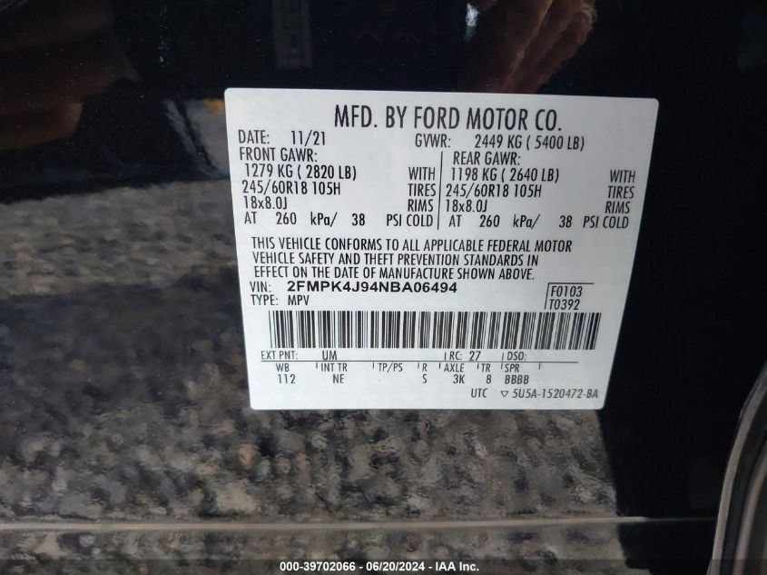 2022 Ford Edge Sel VIN: 2FMPK4J94NBA06494 Lot: 39702066