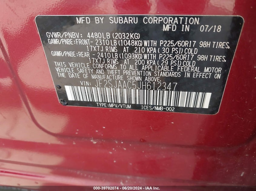 2018 Subaru Forester 2.5I VIN: JF2SJAAC5JH612347 Lot: 39702074