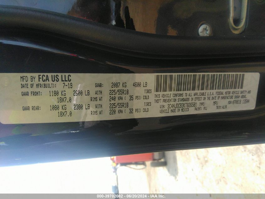 2019 Jeep Compass Limited VIN: 3C4NJDCB3KT826581 Lot: 39702082