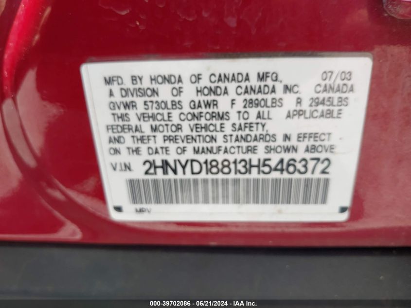 2003 Acura Mdx VIN: 2HNYD18813H546372 Lot: 39702086