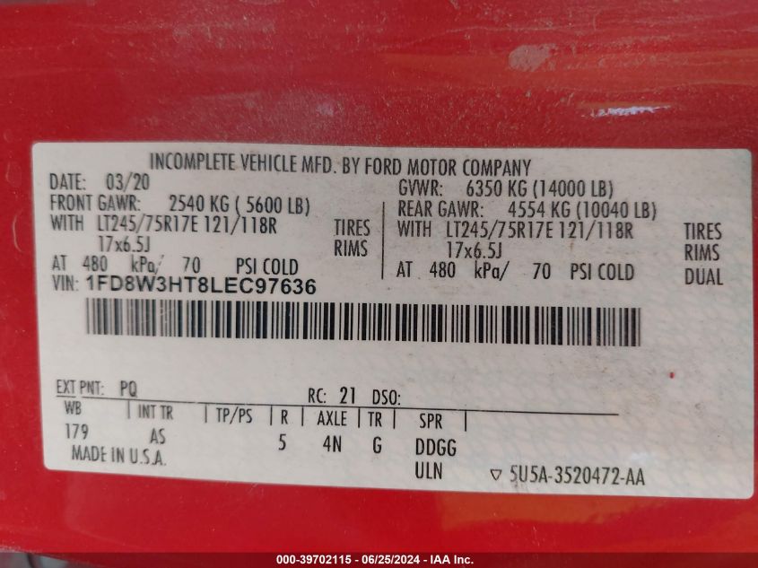 2020 Ford F350 Super Duty VIN: 1FD8W3HT8LEC97636 Lot: 39702115