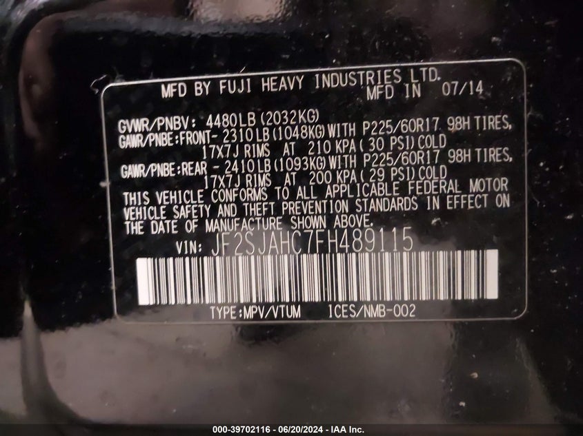 2015 SUBARU FORESTER 2.5I LIMITED - JF2SJAHC7FH489115