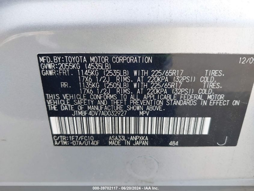 2010 Toyota Rav4 VIN: JTMBF4DV7AD032927 Lot: 39702117