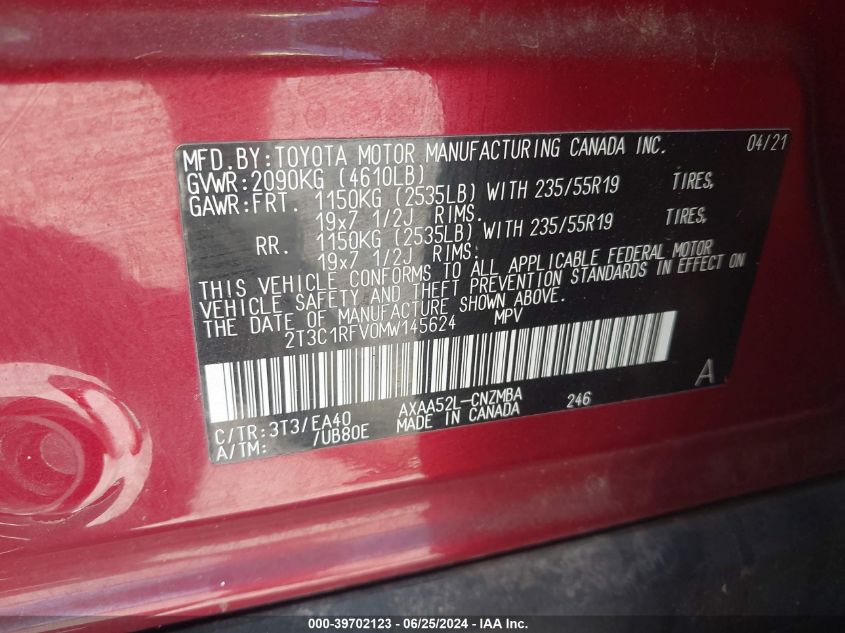 2021 Toyota Rav4 Xle Premium VIN: 2T3C1RFV0MW145624 Lot: 39702123