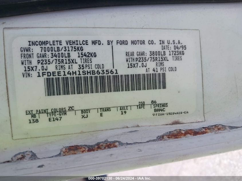 1995 Ford Econoline E150 Van VIN: 1FDEE14H1SHB63561 Lot: 39702130