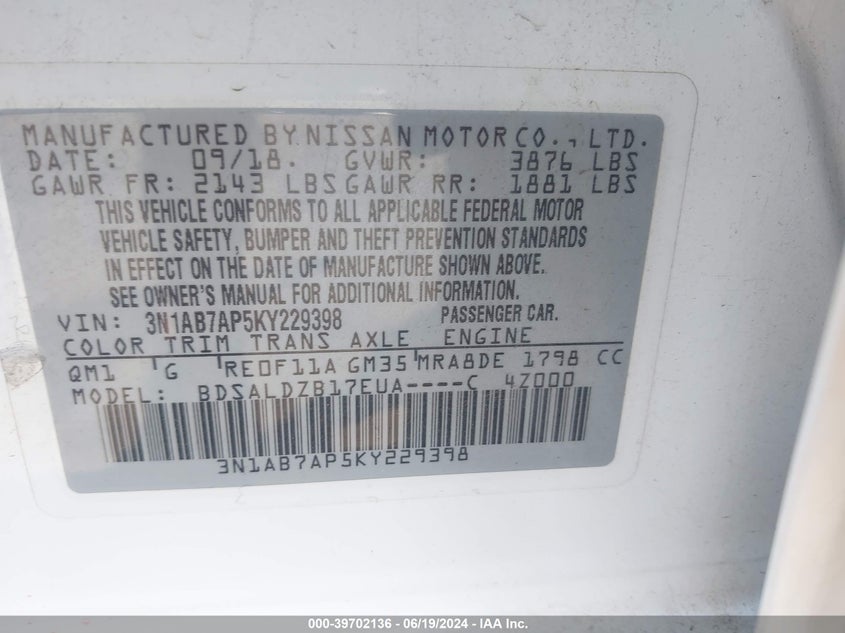 VIN 3N1AB7AP5KY229398 2019 NISSAN SENTRA SV