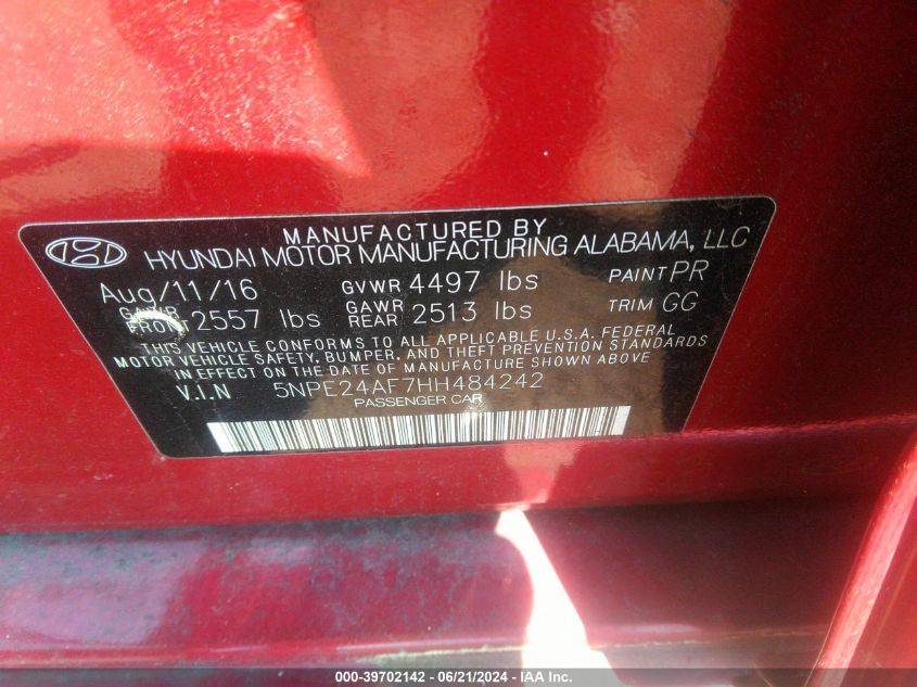 2017 Hyundai Sonata Se VIN: 5NPE24AF7HH484242 Lot: 39702142