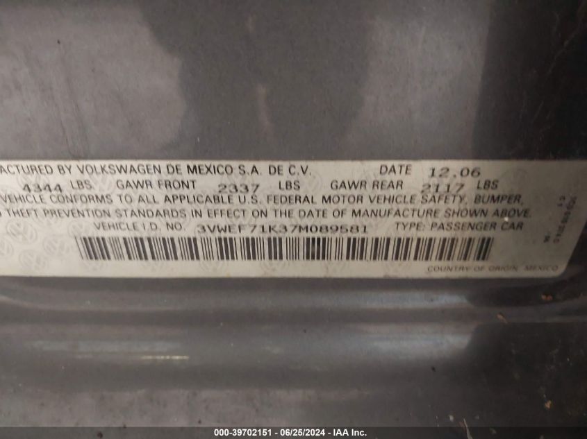 2007 Volkswagen Jetta Wolfsburg Edition VIN: 3VWEF71K37M089581 Lot: 39702151