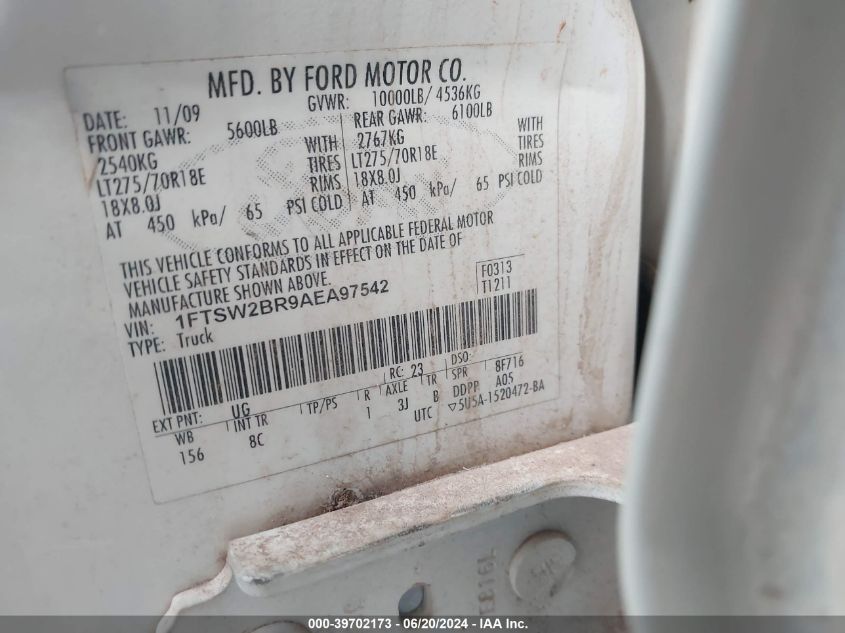 2010 Ford F-250 Super Duty VIN: 1FTSW2BR9AEA97542 Lot: 39702173