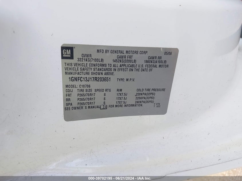 2007 Chevrolet Tahoe C1500 VIN: 1GNFC13J17R203651 Lot: 39702195