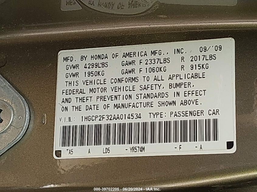 2010 Honda Accord 2.4 Lx VIN: 1HGCP2F32AA014534 Lot: 39702205