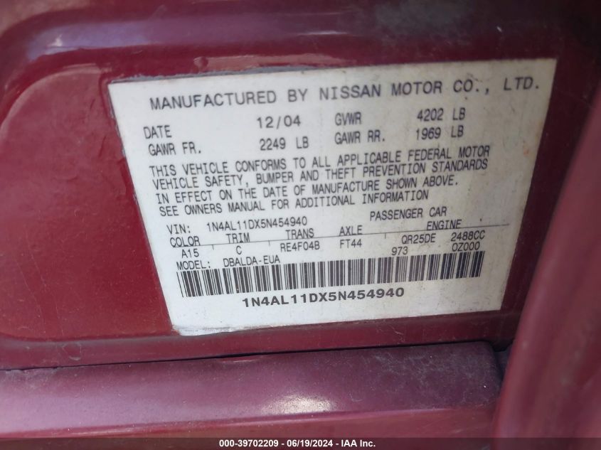 2005 Nissan Altima 2.5 S VIN: 1N4AL11DX5N454940 Lot: 39702209