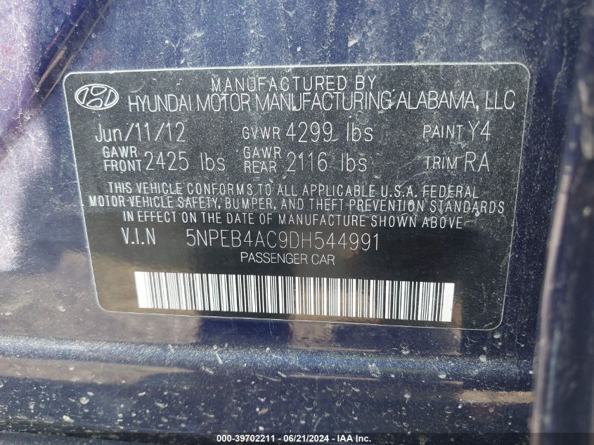 2013 Hyundai Sonata Gls VIN: 5NPEB4AC9DH544991 Lot: 39702211
