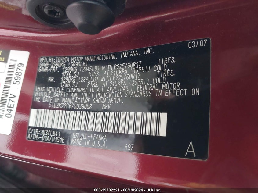 2007 Toyota Sienna Xle VIN: 5TDZK22C67S039008 Lot: 39702221