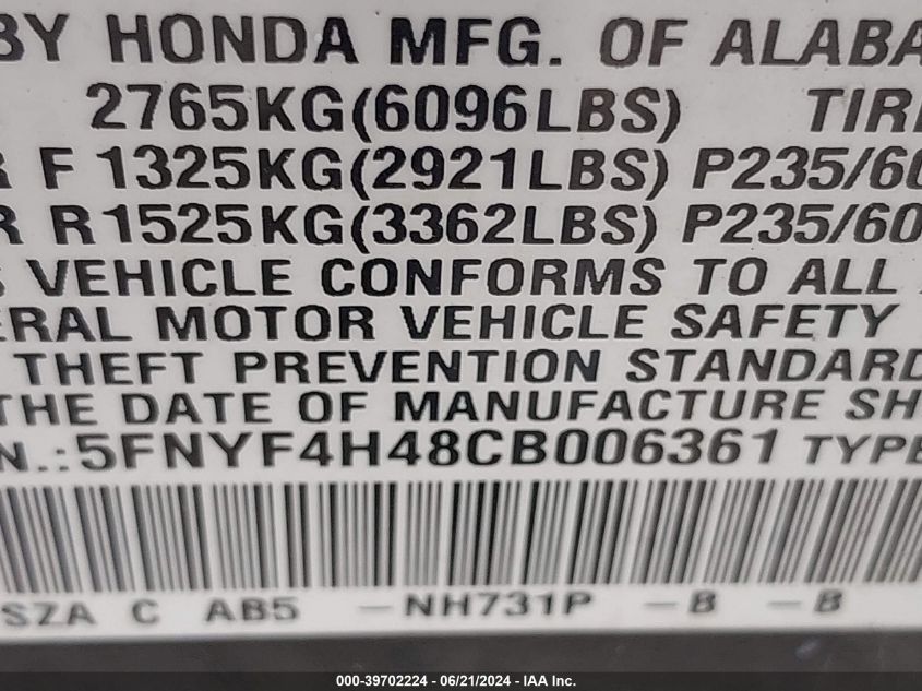 2012 Honda Pilot Ex VIN: 5FNYF4H48CB006361 Lot: 39702224