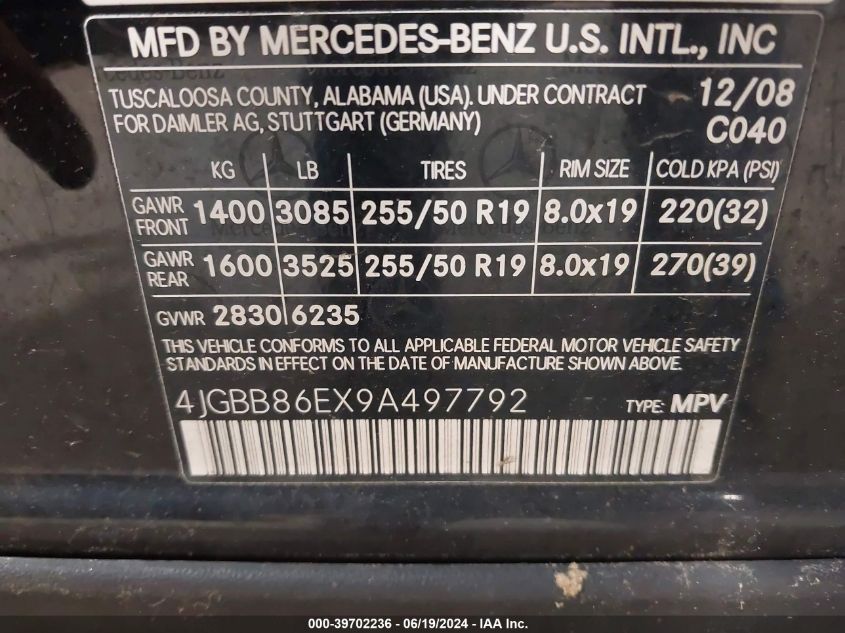 2009 Mercedes-Benz Ml 350 4Matic VIN: 4JGBB86EX9A497792 Lot: 39702236