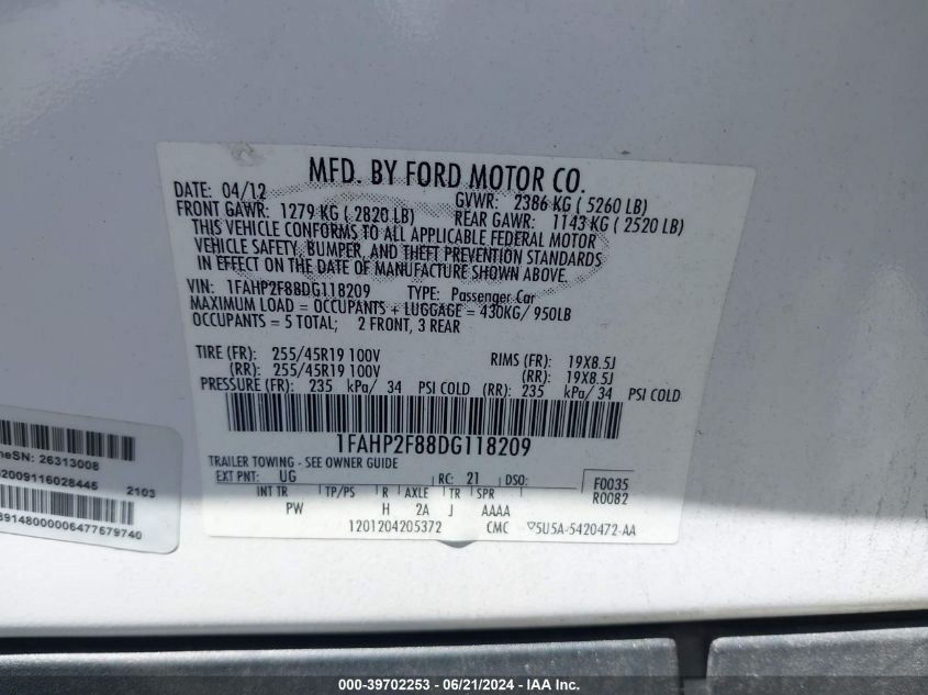 2013 Ford Taurus Limited VIN: 1FAHP2F88DG118209 Lot: 39702253