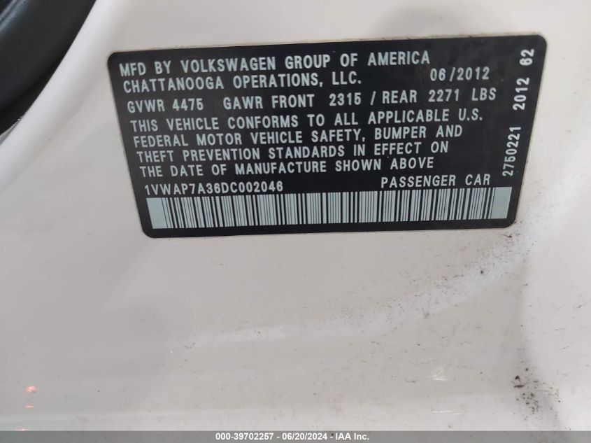 2013 Volkswagen Passat S VIN: 1VWAP7A36DC002046 Lot: 39702257