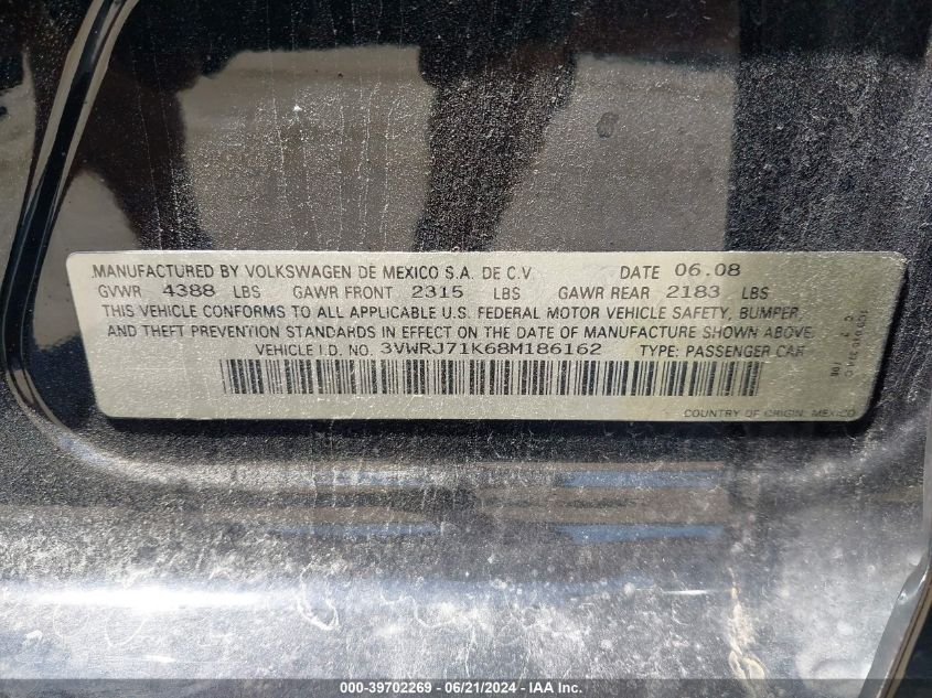 2008 Volkswagen Jetta Wolfsburg Edition VIN: 3VWRJ71K68M186162 Lot: 39702269