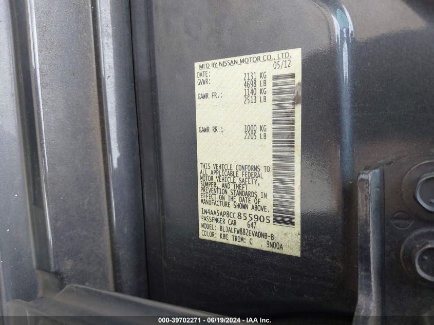 2012 Nissan Maxima 3.5 Sv VIN: 1N4AA5AP8CC855905 Lot: 39702271