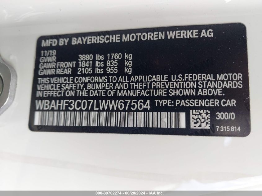 2020 BMW Z4 Sdrive30I VIN: WBAHF3C07LWW67564 Lot: 39702274