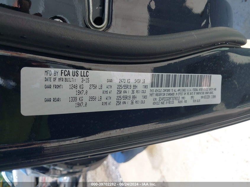 2015 Dodge Journey Crossroad VIN: 3C4PDCGG9FT670312 Lot: 39702282