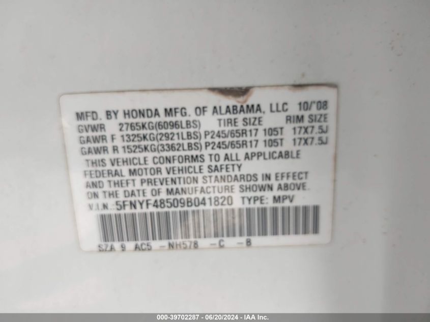 2009 Honda Pilot Ex-L VIN: 5FNYF48509B041820 Lot: 39702287