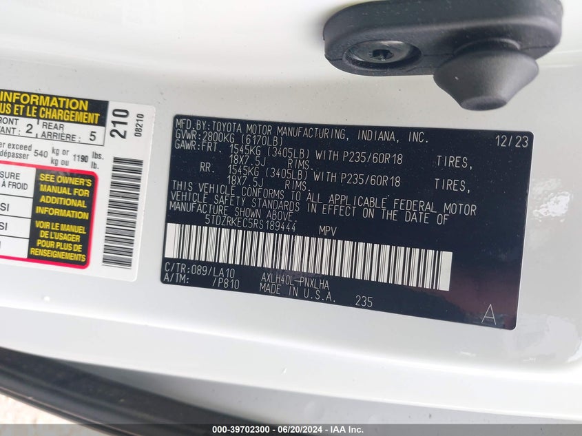 2024 TOYOTA SIENNA LIMITED/PLATINUM - 5TDZRKEC5RS189444